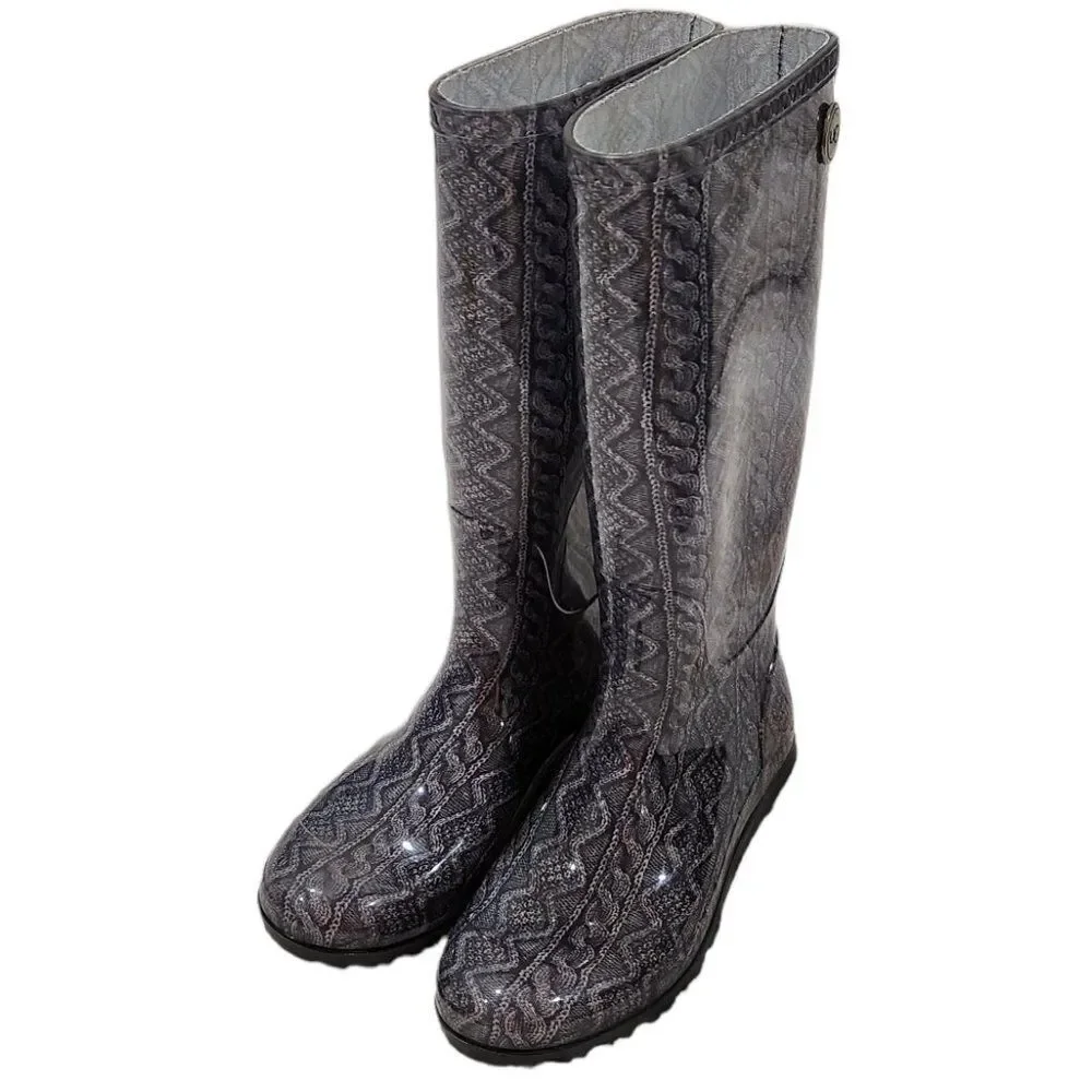 UGG Shaye Cable Knit Women Tall Grey Orange Tie Dye Rain Boots Size 5